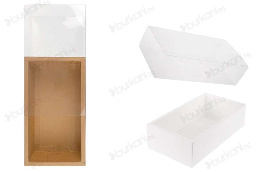 Хартиена опаковъчна кутия (300gsm)  в бял и крафт цвят  220x120x60 мм с прозрачен капач- 12 бр.-изображение_продукт