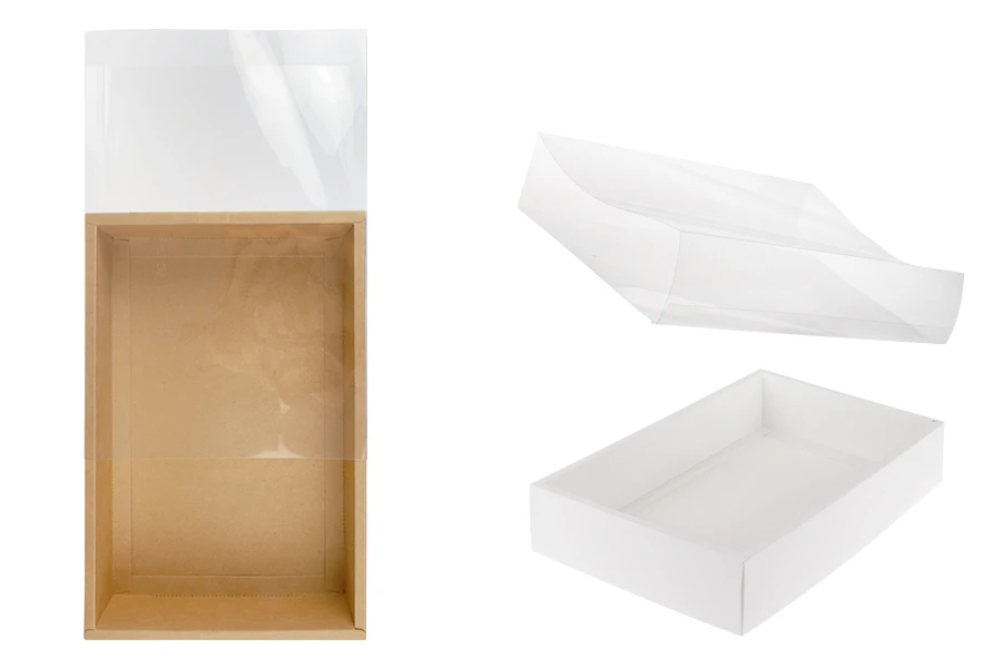Хартиена опаковъчна кутия (300gsm) бяла или крафт с размери  300x200x60 мм с прозрачен капак - 12 бр.-изображение_продукт
