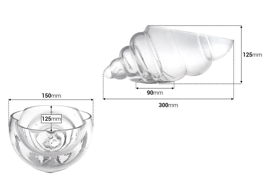 Стъклен прозрачен декоративен съд във формата на черупка 300 мм за свещ-изображение_размери