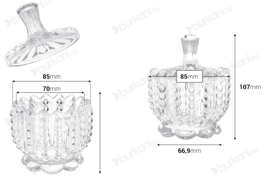 Стъклена фонтанера със стъклен капак  - 85x107 mm-изображение_размери