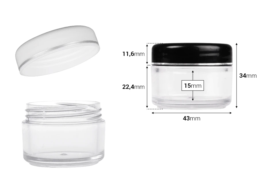 Пластмасово бурканче за крем 20 мл с черна капачка със сребриста лента - 12 бр. опаковка-изображение_размери