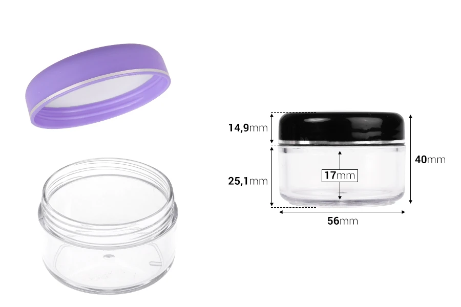 Пластмасово акрилно бурканче  50 мл с цветни капачки със сребриста лента, в опаковка от 12 броя-изображение_размери