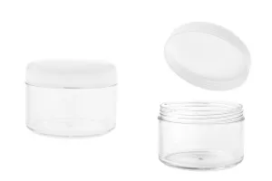 Пластмасов буркан  200 ml с бяла капачка със сребриста лента-1