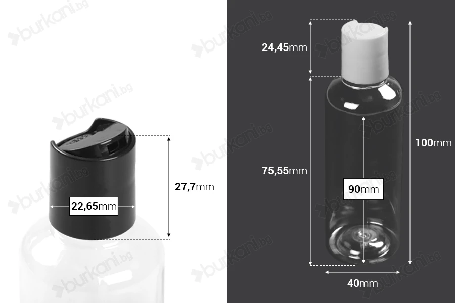 Пластмасова прозрачна бутилка (PET) 100 мл с капачка disk top - 12 бр.-изображение_размери