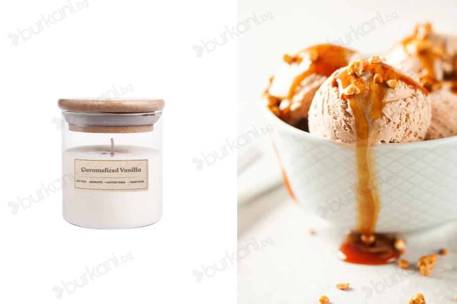 Ароматна ръчно изработена свещ " Vanilla Caramel " - 110 гр. с дървен фитил-изображение_продукт
