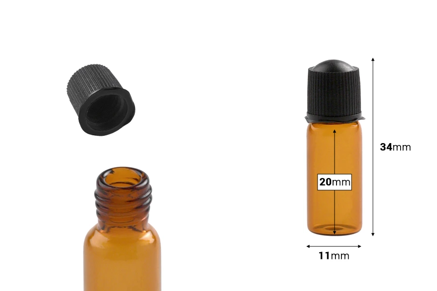 Малко стъклено карамелено шише  1 ml с размери  11x30 mm и с капачка-изображение_размери