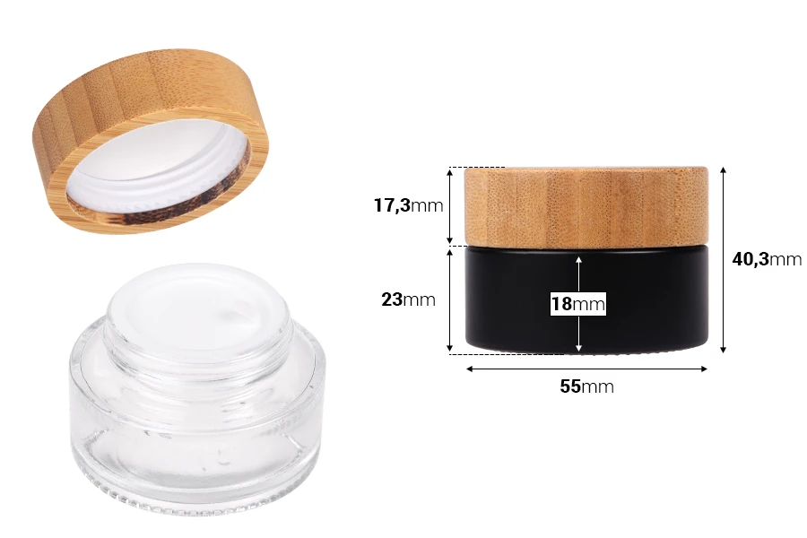 Стъклен буркан 30 мл  с дървена капачка и пластмасов уплътнител-изображение_размери