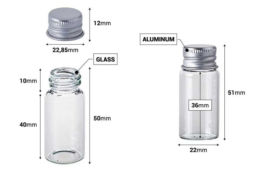Малки шишенца с алуминиева капачка 10 мл в опаковка от 12 броя Малки шишенца с алуминиева капачка 10 мл в опаковка от 12 броя-изображение_размери