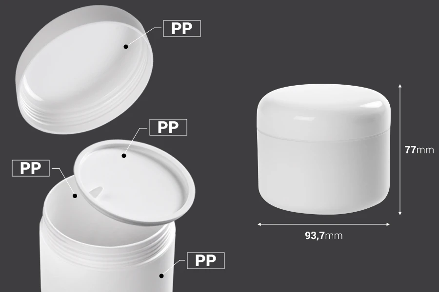 Пластмасов бял буркан 300 мл за крем, с двойно дъно и капачка с вътрешен пластмасов уплътнител-изображение_размери