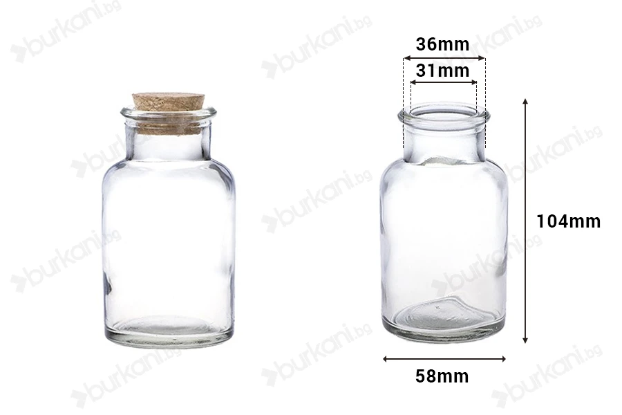 Стъклена бутилка с коркова тапа 150 ml-изображение_размери