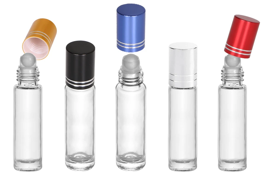 Стъклена бутилка 10 мл със стъклен рол он, с капачка в различни цветове-изображение_група