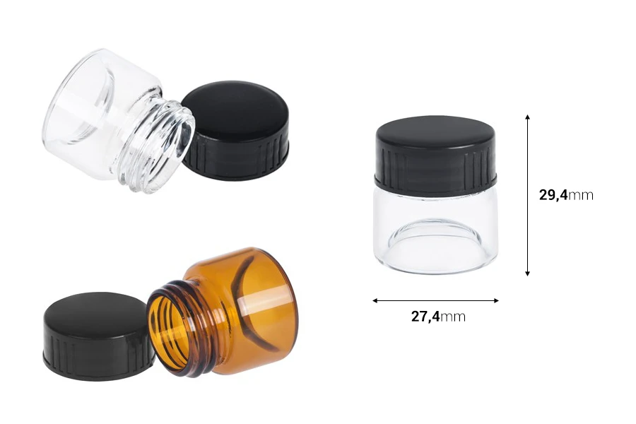 Малко стъклено бурканче за крем 5 мл (прозрачно или карамелено) с пластмасова черна капачка-изображение_група