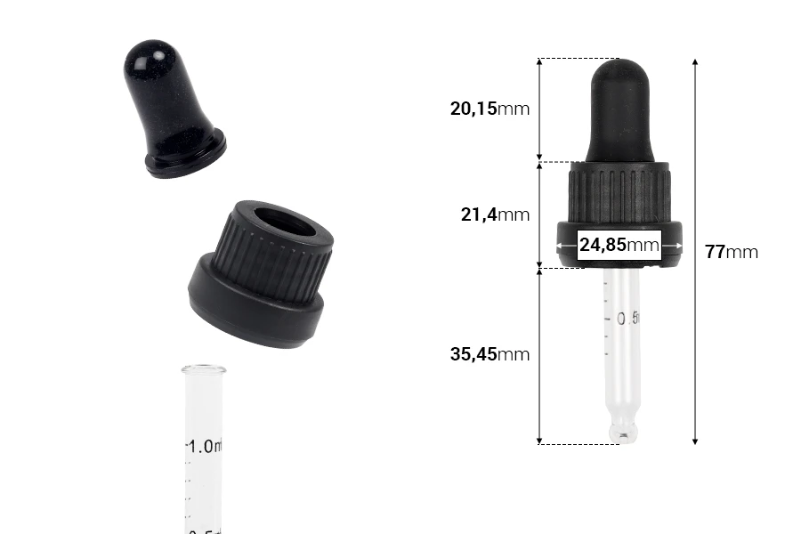 Стъклена пипета за бутилки 10 мл с пластмасов Черен Мат биберон-изображение_размери