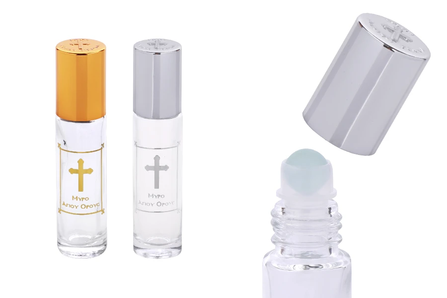 Стъклена бутилка рол он 10 мл със стъклено топче с етикет "Μύρο Αγίου Όρους"-изображение_продукт