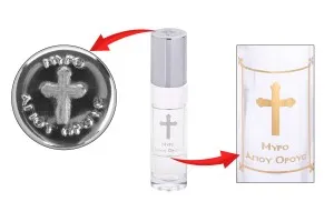 Стъклена бутилка рол он 10 мл със стъклено топче с етикет "Μύρο Αγίου Όρους"-изображение_група