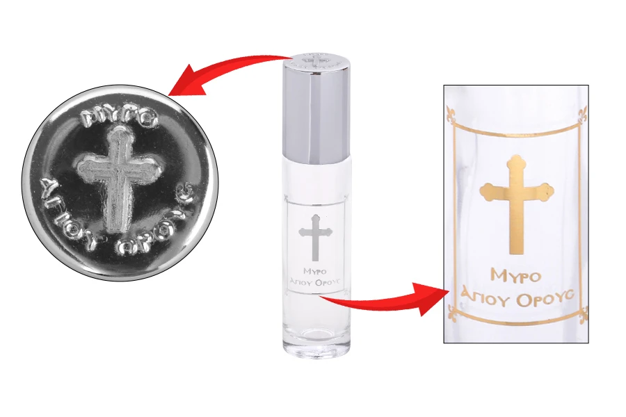 Стъклена бутилка рол он 10 мл със стъклено топче с етикет "Μύρο Αγίου Όρους"-изображение_група