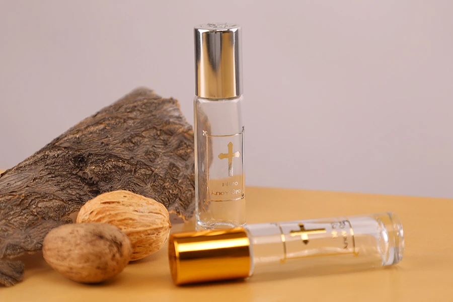 Стъклена бутилка рол он 10 мл със стъклено топче с етикет "Μύρο Αγίου Όρους"-изображение_група