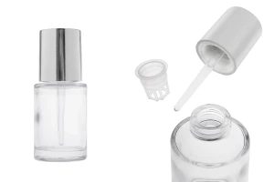 Прозрачна стъклена  30 мл бутилка със сребърен капкомер с бутон и цедка-изображение_продукт