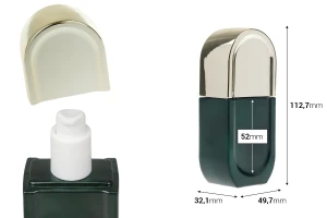 Стъклена бутилка 40 мл в матово зелен цвят с бяла помпа и златиста капачка-изображение_размери