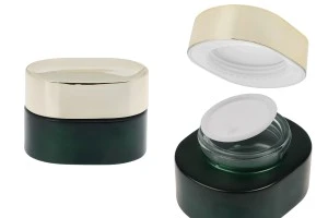 Стъклен буркан 50 мл в матово зелен цвят със златиста капачка с пластмасов уплътнител и с вътрешна пластмасова вложка  -изображение_продукт