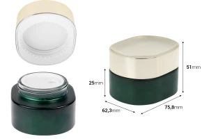Стъклен буркан 50 мл в матово зелен цвят със златиста капачка с пластмасов уплътнител и с вътрешна пластмасова вложка  -изображение_размери