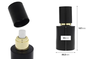 Матово черно стъклено шишенце 50 мл със златен спрей и матово черна капачка-изображение_размери