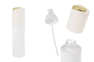 Луксозна стъклена бяла матова бутилка 100 мл със златиста помпа за крем/лосион и бяла капачка-изображение_продукт