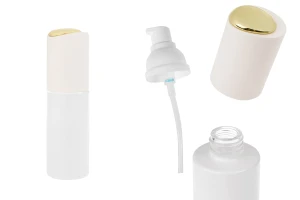 Луксозна стъклена бяла матова бутилка 400 мл със златиста помпа за крем/лосион и бяла капачка-изображение_продукт