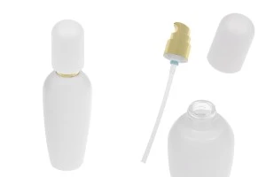 Стъклена луксозна бяла матова бутилка 100 мл със златиста крем помпа и матова бяла капачка -изображение_продукт