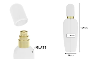 Стъклена луксозна бяла матова бутилка 100 мл със златиста крем помпа и матова бяла капачка -изображение_размери