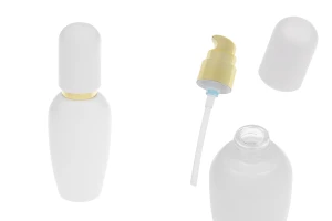 Стъклена луксозна бяла матова бутилка 40 мл със златиста крем помпа и матова бяла капачка -изображение_продукт