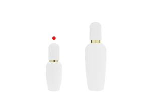 Стъклена луксозна бяла матова бутилка 40 мл със златиста крем помпа и матова бяла капачка -изображение_група