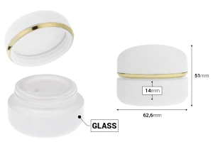 Стъклен матов бял буркан за крем  30 мл с капачка със златиста лента с уплътнител и вътршена вложка  -изображение_размери