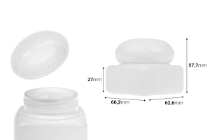 Бял стъклен буркан 50 мл с капачка (с  уплътнение) и пластмасова вътрешна вложка-изображение_размери