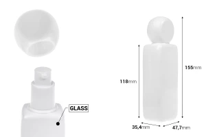 Стъклена бяла бутилка 100 мл с помпа за крем и капачка-изображение_размери