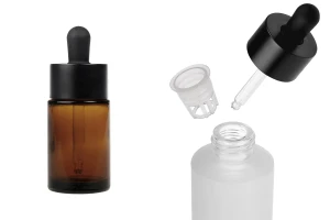 Стъклена бутилка 30 мл с черен матов капкомер и цедка -изображение_продукт