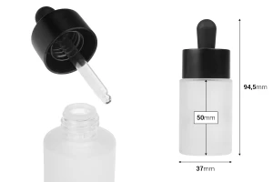 Стъклена бутилка 30 мл с черен матов капкомер и цедка -изображение_размери