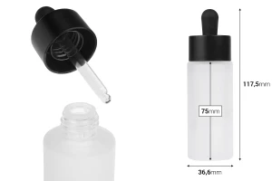 Стъклена бутилка 50 мл с черен матов капкомер и цедка -изображение_размери