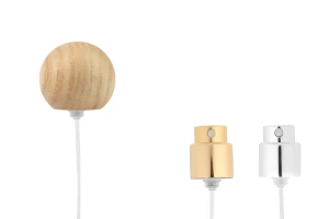 Алуминиев спрей  пулверизатор с дървена (лека) сферична капачка за парфюмни бутилки КРИМП 15 мм -изображение_продукт