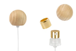 Алуминиев спрей  пулверизатор с дървена (лека) сферична капачка за парфюмни бутилки КРИМП 15 мм -изображение_продукт