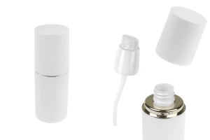 Бутилка 30 мл в бял МАТОВ цвят със сребърна или златна ивица, с помпа за крем  и бяла МАТОВА капачка-изображение_продукт