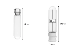 Малко стъклено фарамцевтично шишенца 3 ml, с пластмасова предпазна капачка за вземане на проби, лекарства и хомеопати - 25 бр-изображение_размери