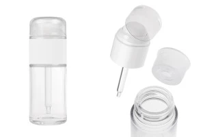 Пластмасова (PETG) бутилка в прозрачен цвят 30 мл с капкомер, прозрачна капачка и отцеждач-изображение_продукт