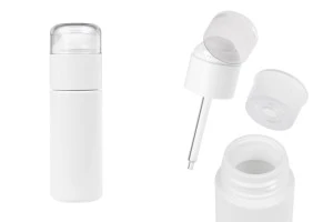 Пластмасова (PETG) бутилка в бял цвят 50 мл с капкомер, прозрачна капачка и отцеждач-изображение_продукт