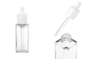 Пластмасова (PETG) прозрачна квадратна бутилка от 50 мл с бял капкомер и отцеждач-изображение_продукт