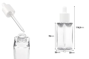 Пластмасова (PETG) прозрачна квадратна бутилка от 50 мл с бял капкомер и отцеждач-изображение_размери