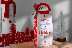 Коледна хартиена подаръчна торбичка 105х60х275 мм с дръжка, панделка и етикет - 10 бр.-изображение_група