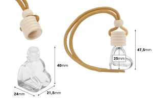 Бутилка за парфюм за колата 4 мл   във формата на сърце с дървена капачка, 25 броя в опаковка-изображение_размери