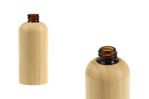Стъклена бутилка за етерични масла 50 мл с гърловина  PP18 и бамбуково покритие-изображение_продукт