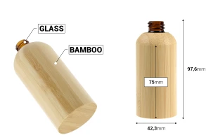 Стъклена бутилка за етерични масла 50 мл с гърловина  PP18 и бамбуково покритие-изображение_размери